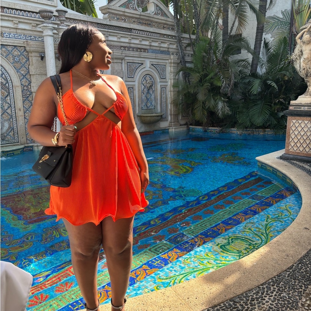 Vibrant Orange Backless Halter Lettuce Trim Dress